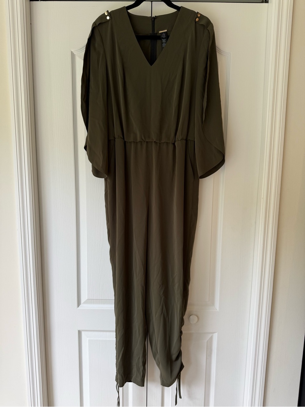 Chico's Olive Green Long-Sleeve V-Neck Jumpsuit with Shoulder Button Detail
